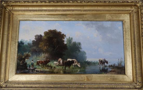 Albert Jurardus van Prooyen (Dutch 1834-1898), oil on panel, river landscape with cattle watering, signed, 18cm x 34.5cm